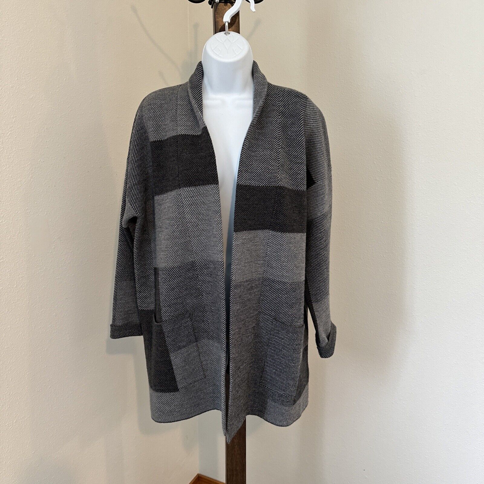 Eileen Fisher 100% Merino Wool Open Front Cardigan, Gray/Black Colorblock, Sz Pm